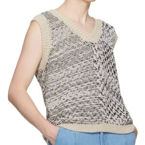 Black and Cream V-Neck Vest with Intricate Knit Patterns